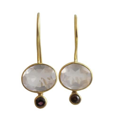 Orecchini in argento sterling 925 placcato oro con quarzo rosa e granato rodolite- Gemma Naturale - Regalo di Compleanno - Regalo di Natale - Idee Regalo Fatto a Mano per le Donne