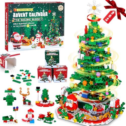 YOOHBERRYS Calendario Avvento 2025 Bambini, 24 in 1 Calendario dell'Avvento Rotante, 701 Pezzi Albero di Natale Mattoncini da Costruzione Giocattolo con Luce LED, Regalo di Natale per Bambini e Adulti