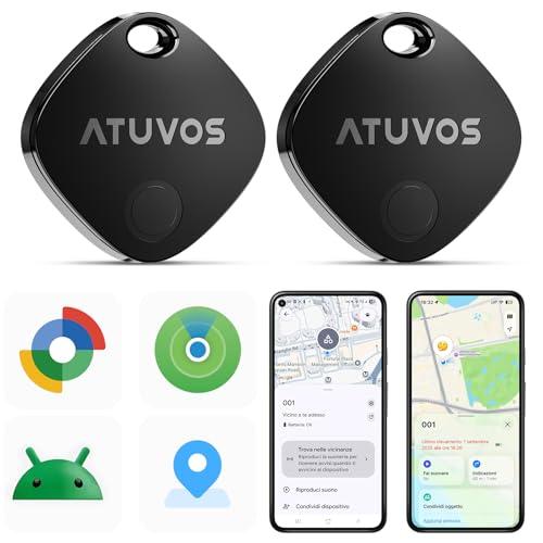 ATUVOS Dual System Air Tag Pro Tracker 2 pezzi Nero, Localizzatore Bluetooth Funziona con Android Google Funzioni Trova o iOS Apple Dov'è APP (Huawei non Supportato), per Bagagli, Borsa, Portafoglio.