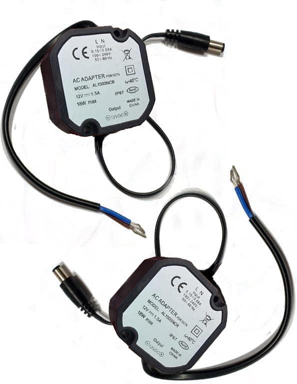 enterelettronics Kit 2 Alimentatore 12V Stabilizzato (1.5A) Caricatore Universale 18W IP67 per Telecamere Videosorveglianza Stagno con Cavi Alimentazione - Nero