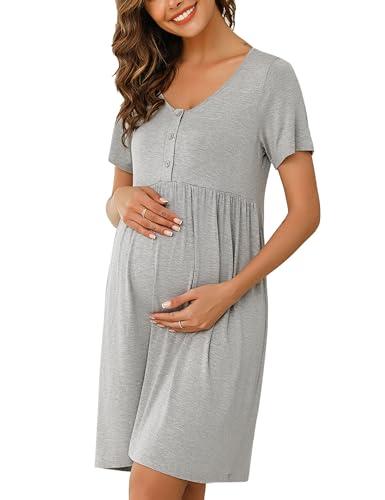 Bresdk Camicia da Notte per Allattamento Donna con Bottoni Estiva Manica Corta Parto Ospedale Morbidi Eleganti Abiti Premaman, Grigio, M