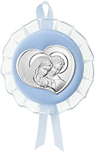 Valenti&Co - Medaglione Musicale Capoculla con Sacra Famiglia in Argento perfetto come idea regalo nascita, battesimo da appendere alla culla, al passeggino o in cameretta del neonato - Celeste