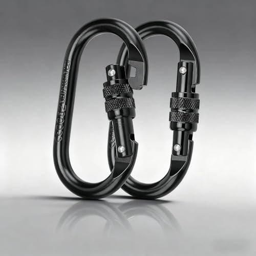 SHENGYIG Moschettone per arrampicata, 2 pezzi, in lega di acciaio resistente, 25 KN (2500 kg), moschettone di sicurezza, moschettone nero a molla per alpinismo, altalene, arrampicata