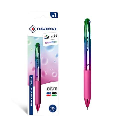 OSAMA 4 Multi Rainbow - Penna Multicolore a Sfera 1.0 mm, 1 Pz, Penne Colorate 4 Colori Personalizzate Arcobaleno Inchiostro Nero Blu Rosso e Verde, Cancelleria Scuola Ufficio Università e Cartoleria