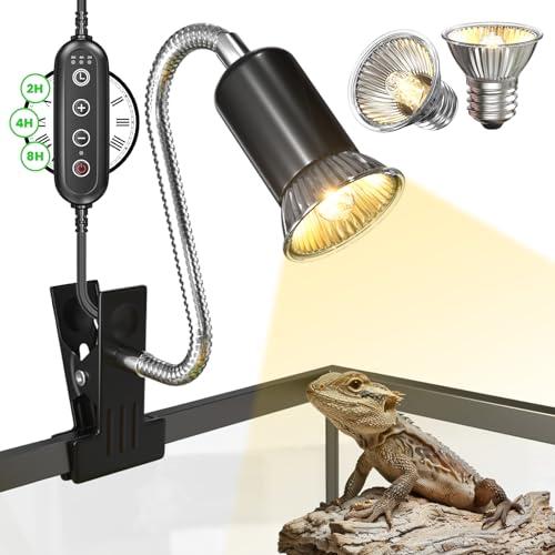 BrightArk Lampada Riscaldante Lampada uvb Tartarughe con 3 Timer, 2 Lampadine UVA/UVB da 50W Regolabili a 360° Lampada per Anfibi Adatto per Tartaruga, Ragno, Lucertola, Serpente, Anfibi, Chameleon