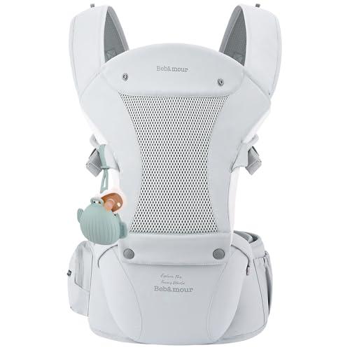 Bebamour Marsupio per neonati e bambini piccoli, seduta per i fianchi 0-36 mesi con cappuccio, 3 imbottiture anti-morso, prolunga per i fianchi, borsa portaoggetti e custodia per ciucci,grigio