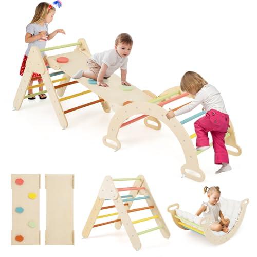 COSTWAY 3 in 1 Set da Arrampicata per Bambini, Giocattoli da Arrampicata a Triangolo con Triangolo Arco e Salita, Ideale per Bambini 1 Anni + (Macaron con cuscino)