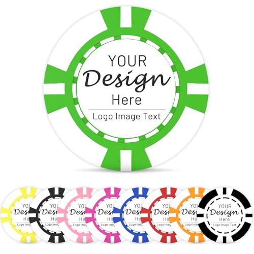 Shueewago Confezione da 100 fiches da poker personalizzate in plastica ABS per 9 colori con stampa del tuo testo o immagine personalizzata, mettere il design su un chip per gettoni da bar, bevande o