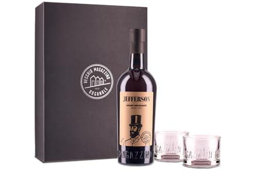 Jefferson Amaro Importante, 700 ml, Confezione Regalo con 2 Bicchieri Equilibrio, Amaro Calabrese, Note Agrumate Erbacee, Ideale con Bitter e Vermouth, Botaniche Selezionate, Raccolte a Mano, 30% Vol.