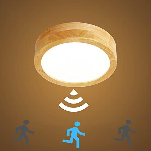 XKAI Plafoniera LED Con Sensore di Movimento - XKAI 12W Lampada da soffitto con sensor a Microonde - Lampade da parete In Legno per Balcone Scale Corridoi Cantina Seminterrato - 3500K 23cm