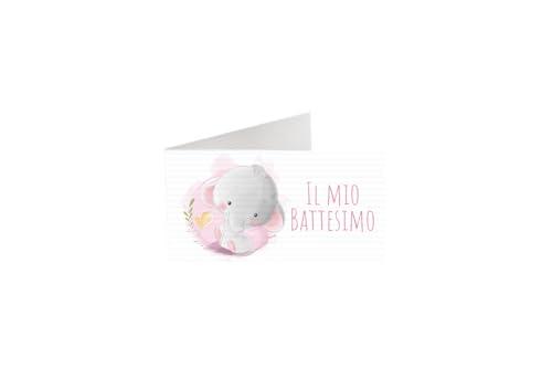 25 pezzi Bigliettini Bomboniera per Sacchetti Confetti il mio Battesimo Elefantino 2 Rosa da Personalizzare a penna, Bigliettino Bomboniera Pieghevole già tagliati singolarmente