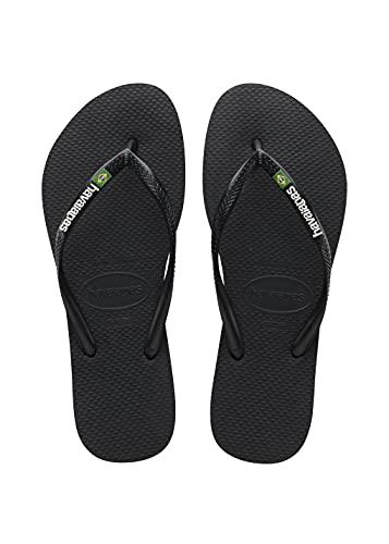Havaianas - Slim Brasil Logo, Infradito Comode, Resistenti e Leggere, Omaggio al Brasile, Bandiera su Cinghie e Suola, Donna, Nero, 37/38 EU