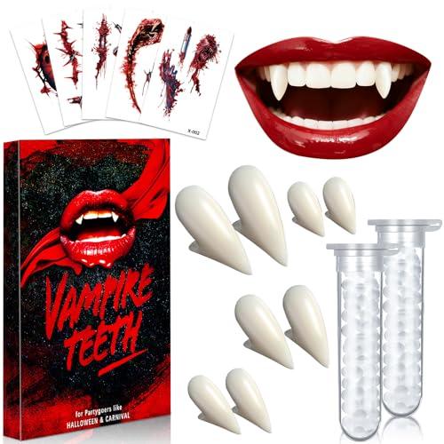 Denti Vampiro Adulto Bambino 4 Paia - 4 Misure Halloween Canini da Vampiro con 2 Tubo Colla per Denti & 5 Halloween Tatuaggi, Costume Vampira Accessori Denti Vampire Teeth Finti Vampiro per Cosplay