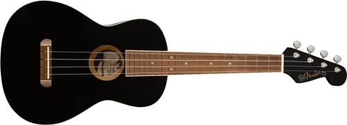 Fender Ukulele Tenore Avalon per Adulti e Bambini, Costruzione in Legno di Tiglio, Tastiera in Noce, Paletta Fender Stratocaster Classica, in Nero