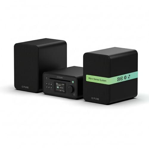 Pure Classic Stereo Mini Micro HiFi Impianto con lettore CD DAB+ Radio Bluetooth 5.3 USB AUX jack per cuffie telecomando 40 W stereo effetto legno – Nero