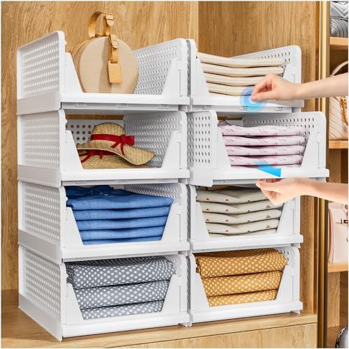 TidyIsles Wardrobe Storage Organiser - 4 Pack Folding Closet Organisers, Stackable Storage Boxes, Plastic Drawer Organiser Basket for Bedroom Kitchen Bathroom White