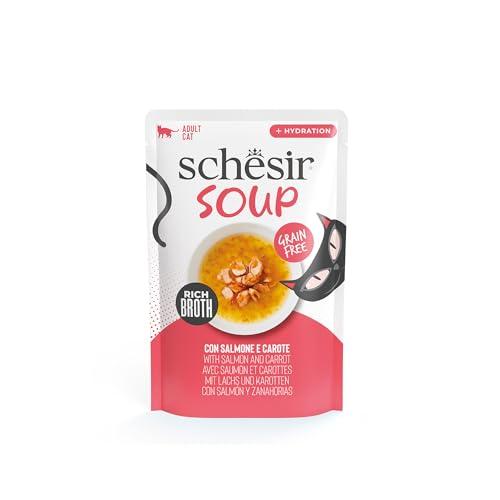 Schesir, Zuppa con Filetti di Salmone e Carote, Cibo Umido Complementare per Gatti, Ricetta Originale, 100% Naturale, 12 buste da 40g