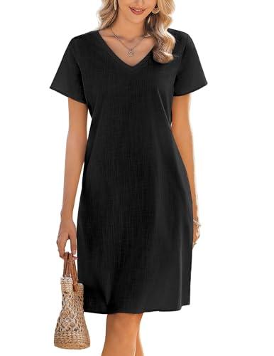 Zeagoo Vestito Estivo da Donna Abito in Lino da Spiaggia al Ginocchio Vestito a Manica Corta con Scollo a V a Tunica Bohemian A Line T-Shirt Abiti con Tasche Nero XL