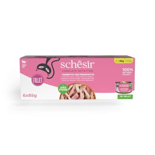 Schesir, Tonno con Prosciutto in Gelatina, Cibo Umido Completo per Gatti, Con Vitamine Aggiunte, 100% Naturale, 6 lattine da 85g