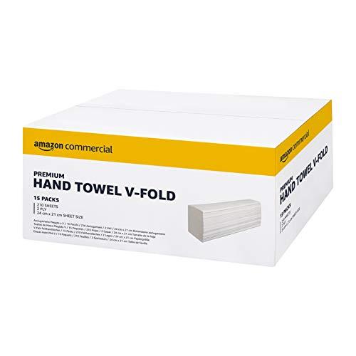 AmazonCommercial Asciugamani di Carta Piegati a V, 2 Veli Premium, 3150 unità (15 confezioni da 210), Dimensione del Foglio: 21 x 24 cm, Bianco, Compatibile con Dispenser H3