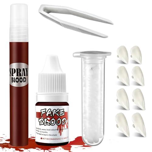 SHOPPGO Trucco Vampiro Halloween, 4 Paia Denti da Vampiro+20ml Sangue Finto Lavabile, Halloween Make Up per Halloween, Costumi, Fai da Te e Giochi di Ruolo