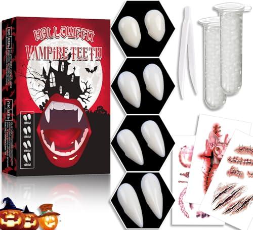Set di 10 denti da vampiro, 4 misure, zanne da vampiro, denti finti da vampiro per adulti, con 2 tubi adesivi in pellet, per feste cosplay, Halloween, feste horror, zanne.