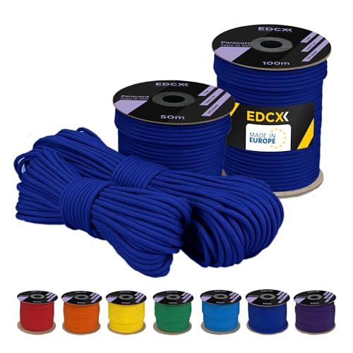 EdcX Poliestere Paracord 550 (15, 30 e 50 m) – 4 mm Tipo III, Cavo per Paracadute Resistente allo Strappo per la Sopravvivenza in 100% Poliestere con 7 Fili | Colori a Tinta Unita (Blue, 50 m)