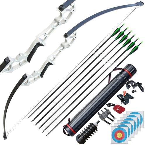 D&Q Arco e frecce Tiro con l'arco Arco ricurvo Arco da caccia 50 pollici 30 libbre 40 libbre con 6 Freccia in Carbonio Misto (Argento, 40LB)