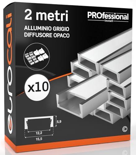 Eurocali 10 Profili in Alluminio da 2 metri (20mt) grigio per Strisce LED Schermatura Opaca ingombro max striscia led 12.2mm - 15.5 x 5.9