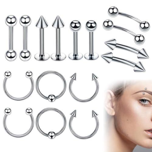 XURJUMI 16pz Piercing Colore Acciaio Chirurgico Piercing per Il Corpo Stud Barbell per Sopracciglia Lingua Naso Ear Lip capezzoli Sopracciglio elica Trago Cartilagine Anello(1.2 * 10MM)