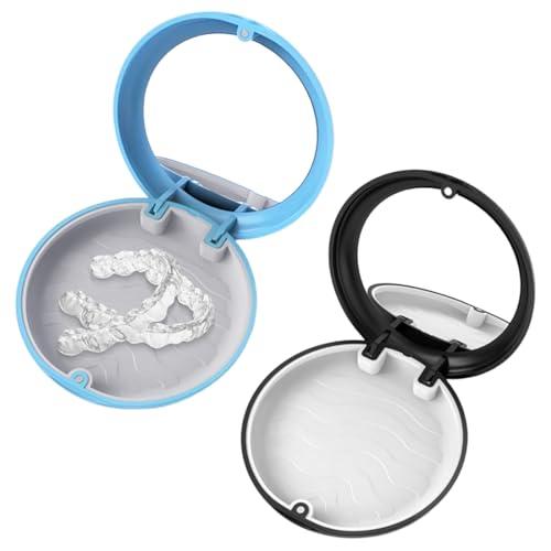 2 Pezzi Porta Apparecchio Denti,con specchio,Porta Bite Dentale Portatile,Contenitore per Protesi Dentarie, Scatola per apparecchi ortodontici,per Paradenti,dentiere(Nero + Blu)