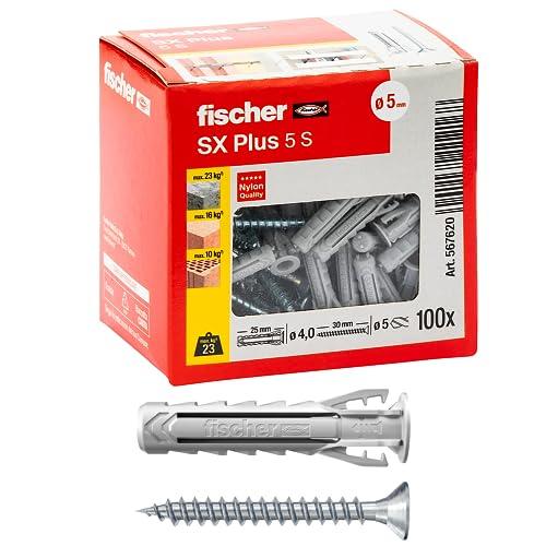 Fischer 100 Tasselli SX Plus con Vite 5x25 mm per Muro Pieno, Mattone Forato, Muratura, Calcestruzzo, per il Fissaggio di Lampadari, Mobili, Pensili, Mensole, 567620