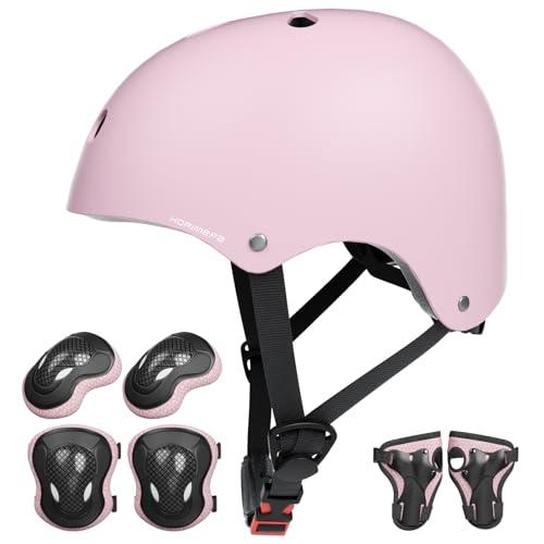 KORIMEFA Casco Bici Protezioni Set per Bambini Ginocchiere Gomitiere e Protezione Polso per Bambini da 3-13 Anni, Casco per Hoverboard, Pattini in Linea, BMX e Bicicletta (rosa pallido, S)