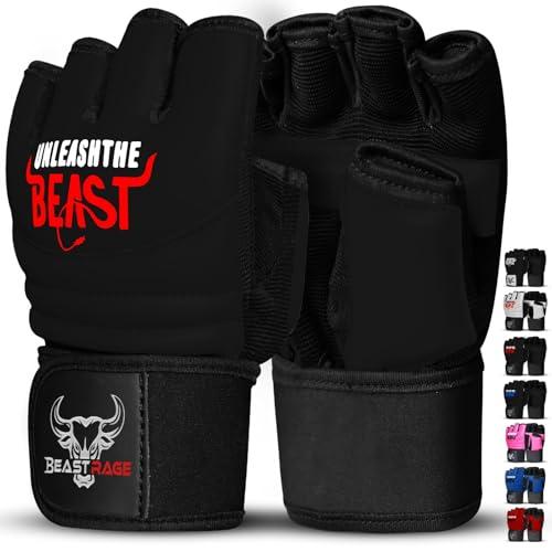 BEAST RAGE Punch Bag Taekwondo Karate Guanti per uomini e donne, Mezzo dito MMA Kickboxing Sparring Arti Marziali Boxe Guanti di formazione - Allenamenti leggeri, Muay Thai, Karav MAGA (Nero, S)