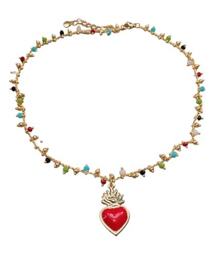 Collana Con Cuore Sacro Ex Voto Rosso Catenina Con Perline, Idea Originale per Regalo Natale,Fatto a Mano, Gioielli Siciliani Donna Ragazza Uomo Ciondolo Perline Colorate