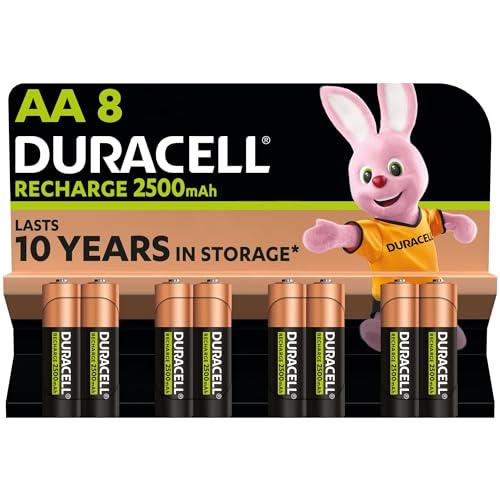 Duracell Batterie Ricaricabili AA (Confezione da 8), 2500 mAh NiMH, pre-caricate, le nostre batterie ricaricabili n.1 per lunga durata con una confezione plastic free e 100% riciclabile