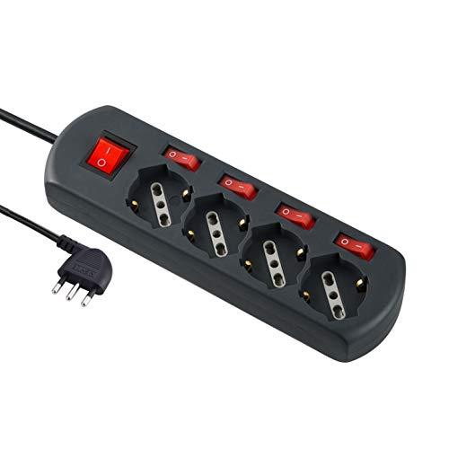 Electraline 61912 Multipresa 4 Posti Polivalenti Schuko, 4 Interruttori Indipendenti, 4 Prese Universali, Cavo di 1.5 m, Nero