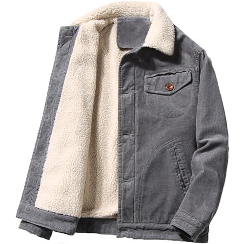 Juneyou Giacca da uomo in velluto a coste con colletto rialzato, foderato in sherpa, caldo cappotto con tasche, grigio, M