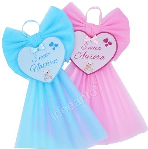 Fiocco nascita tulle bimbo bimba personalizzato con nome e frase coccarda nascita fiocco nascita rosa o azzurro bambino bambina (Azzurro)