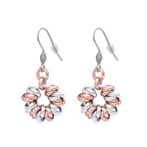 Particolarmoda orecchini donna pendenti tondi a cerchio leggeri nodini intrecciati 6 mm (Argentato/Rosa)