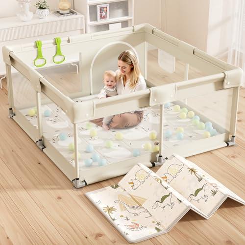 Lertantri 120x120cm Box Bambini con Materassino, Beige Recinto per Bambini, Box Neonato per Appartamento, Recinto Neonato con Rete Traspirante Sui Quattro Lati e Ventose, Petit Parc Bebe