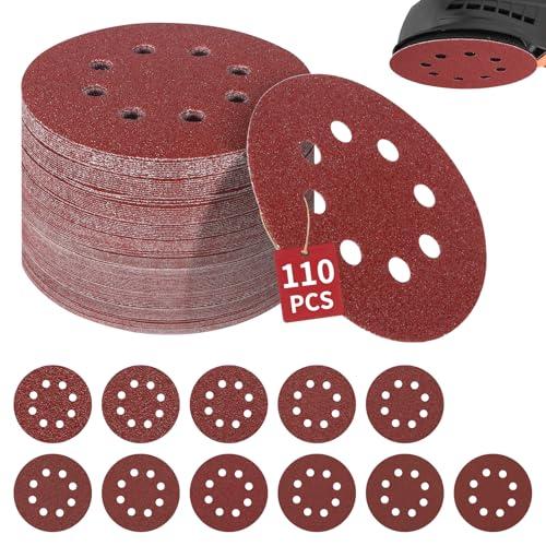 GLOSKIN Dischi Abrasivi,110 Pezzi Con Velcro,Dischi Abrasivi 125mm Velcro, 8 Fori per Levigatrice a Binario Casuale, Lucidatura in Legno e Metallo (P40/60/80/10/120/120/180/180/240/320/400/600)