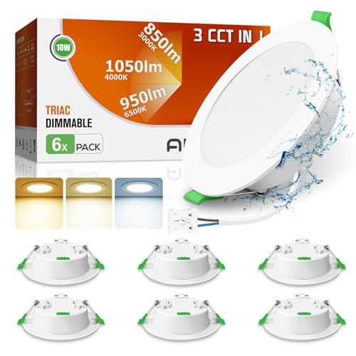 ALUSSO Faretti LED da Incasso Per Cartongesso Dimmerabili 10W 1050LM IP44 Faretti LED Soffitto Incasso Cartongesso, 3000K 4000K 6500K Regolabile, Diametro del Foro 90-100MM, Bianco, Set da 6