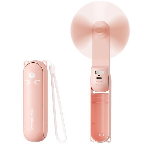 Morelax Mini Ventilatore Portatile, Ventilatore USB 3 in 1, Batteria Ricaricabile Velocità del Vento Pieghevole e Regolabile, Ventilatore Silenzioso Power Bank Torcia, Esterni,Viaggi,Ufficio (Rosa)