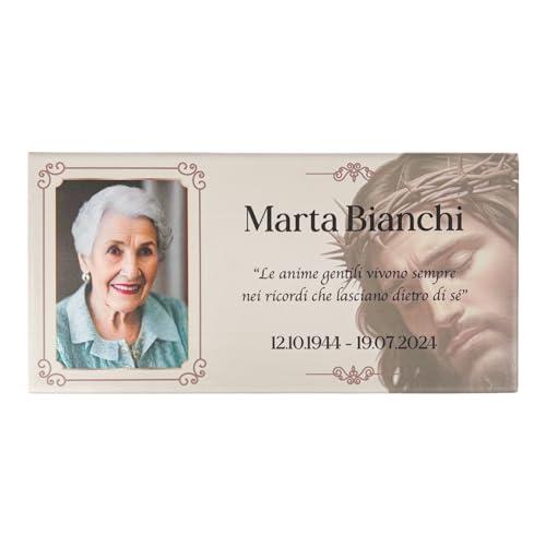 Albalù Targa Commemorativa Personalizzabile Gres Porcellanato Modello Gesù Misura 10x20 cm per lapide, cimitero o Interno, con Foto, Nome, Date e Dedica