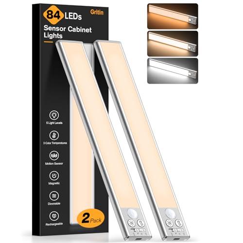 Gritin Luce Armadio Sensore di Movimento, 84 LED Ultra Luminosi Magnetico Luce Lampada Led Sottopensile Cucina Ricaricabile,3 Temperature Colore,5 Luminosità,4 modalità,Facile Installazione-2 Pezzi