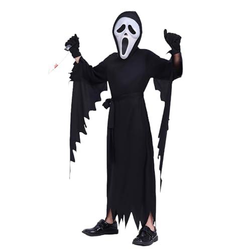 Generico Halloween Scream Costume Bambini, Scream Costume Cosplay, Horror Scream Maschera con Maschera Ghostface e Veste Nera, Halloween Ghostface Costume per Bambini 4-12