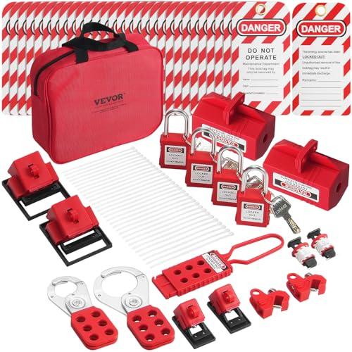 VEVOR Kit di Etichettatura di Blocco Elettrico da 47 Pezzi, Kit di Sicurezza Loto Include Lucchetti, Fermagli, Etichette, Blocchi di Spine, Borsa per Trasporto, per Energia Elettrica Industriale