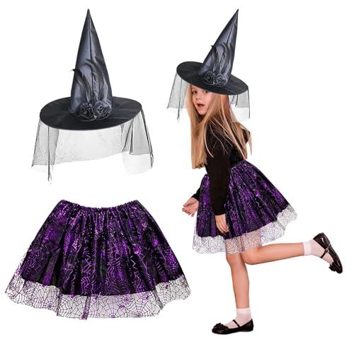 DONGSZQ Costume da Strega Bambina, Cappello da Strega e Tutù in Tulle di Ragnatela, Set Costume da Strega Halloween Cosplay per Bambina Ragazze(3-8 Anni)