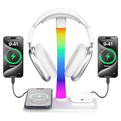 Supporto Per Cuffie con Caricabatterie Wireless,Suppor to Per Cuffie Da Gioco con Luce RGB,Supporto Per Airpod Max Compatibile con Airpod Pro/3/2,iPhone 16/15/14/13/12/11,Regali per Uomini Do (Bianco)